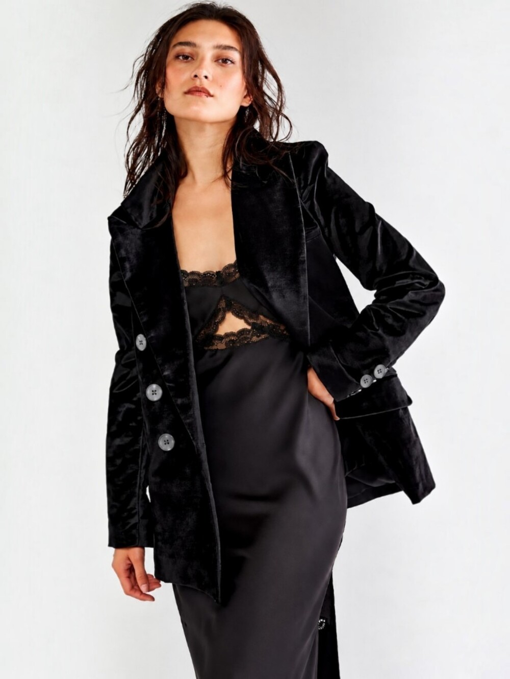 Free People Black Ashby Velvet Double Breasted Blazer Dark Romance Midnight Glam
